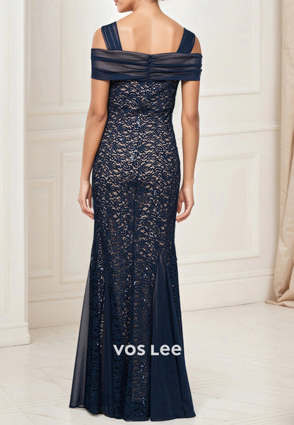 Off the Shoulder Appliques Lace Floor-Length Pleated Sheath Mother of Bride Dresses