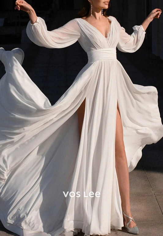 Simple A-Line V Neck Long Sleeve Floor-Length Pleated Wedding Dresses with High Split