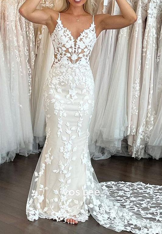 Spaghetti Straps V Neck Appliques Lace Mermaid Wedding Dresses