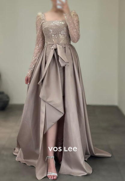 Chic & Modern High Low Long Sleeve Square Sequined Evening Dresses with Court Train