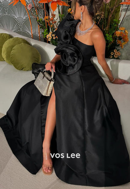 Simple A-Line One Shoulder Pleated Evening Dresses Party Dresses with Sweep Train