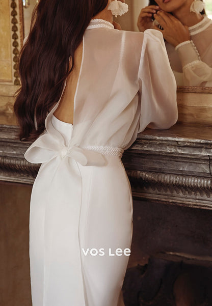 Simple Long Sleeve High Neck Bowknot Mermaid Wedding Dresses with Sweep Train