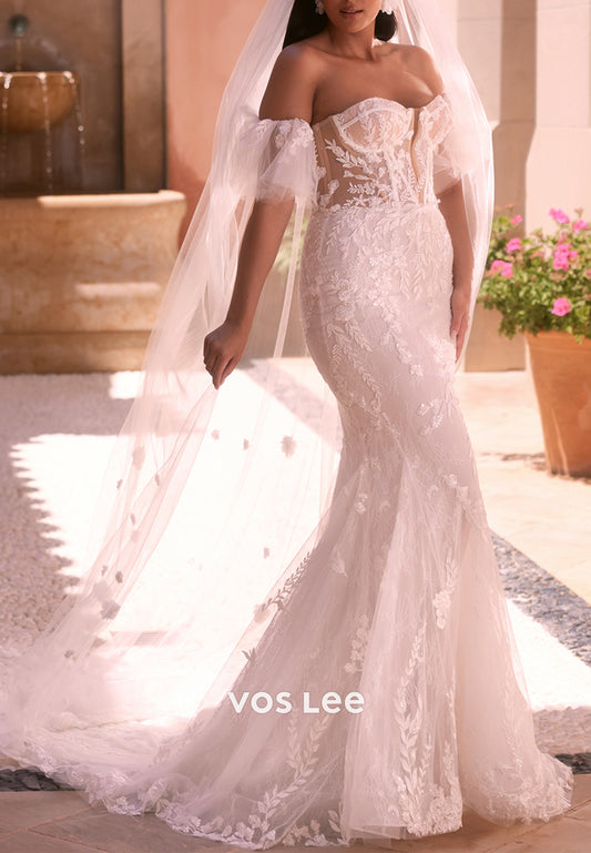 Strapless Sweetheart Appliques Lace Beach Mermaid Wedding Dresses with Sweep Train
