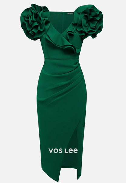 Short Sleeve V Neck Knee-Length Pleated Sheath Wedding Guest Dresses with Side Split