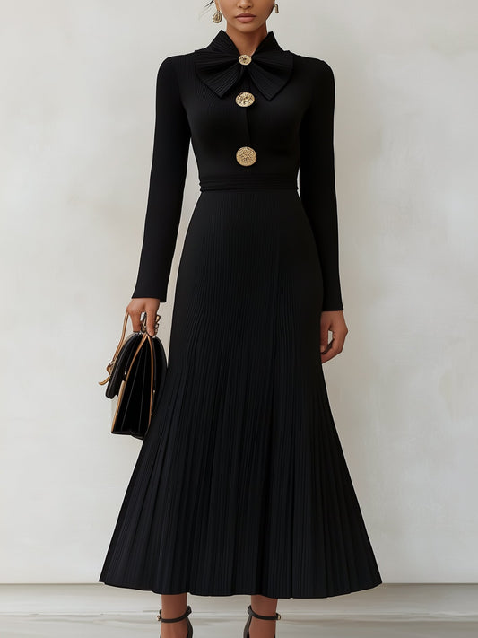 Elegant Retro Bowknot Neckline Gold Buttons Black Knitted Dress