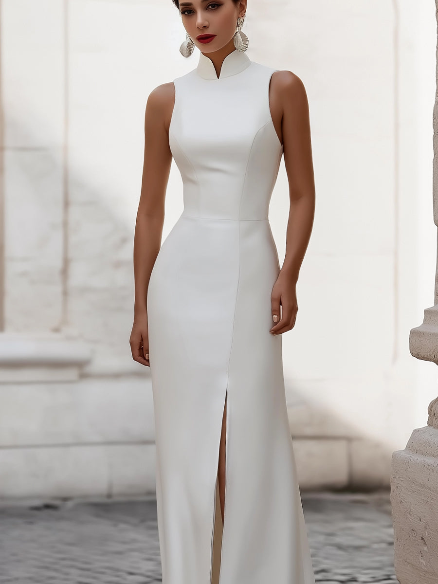 Satin High-Neck Sleeveless Front-Slit Maxi Dress