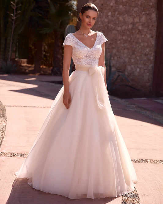A-Line Cap Sleeves V Neck Sequins Beading Appliqued Bowknot Pleated Wedding Dresses