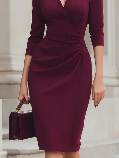 Sophisticated Burgundy Ruched Wrap Dress