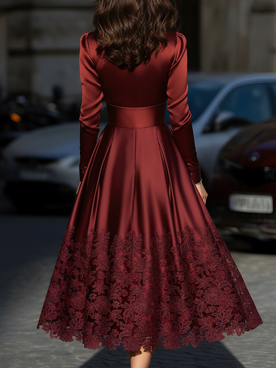 Burgundy Satin Belted Midi Dress With Lace Hem