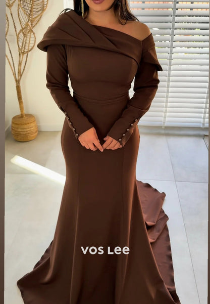 Long Sleevees One Shoulder Pleated Mermaid Evening Dresses with Court Train