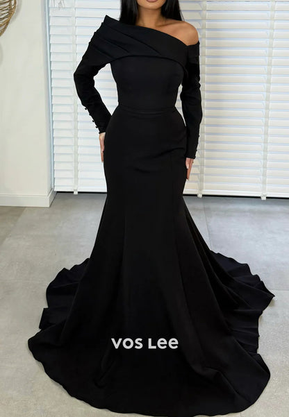 Long Sleevees One Shoulder Pleated Mermaid Evening Dresses with Court Train