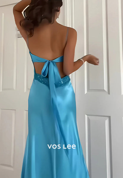 A-Line V Neck Spaghetti Straps Pleated Floor-Length Rhinestone Prom Dresses