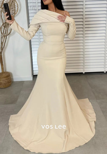 Long Sleevees One Shoulder Pleated Mermaid Evening Dresses with Court Train