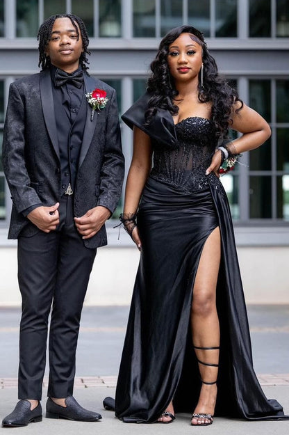 Classic Black One Shoulder Side Slit Prom Dress with Beadings