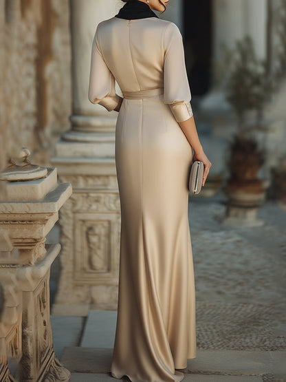 Elegant Draped Evening Gown With Contrasting Scarf Collar
