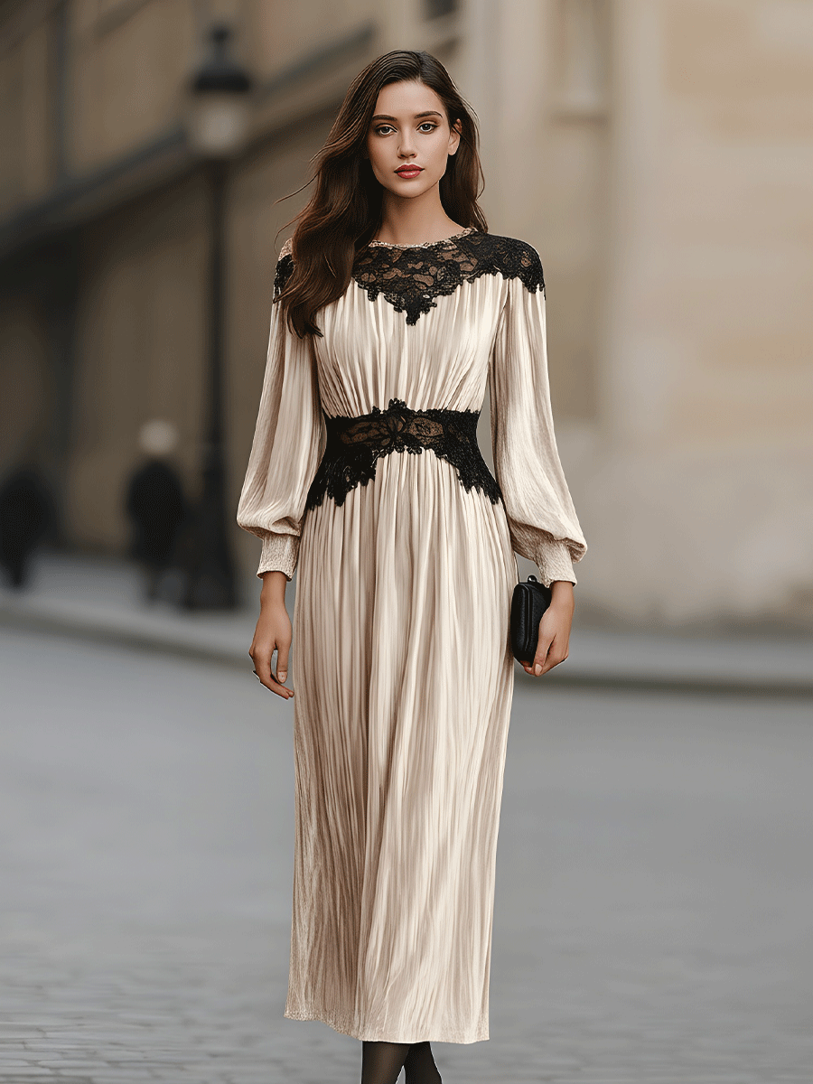 Pleated Velvet Dress With Black Lace Detail