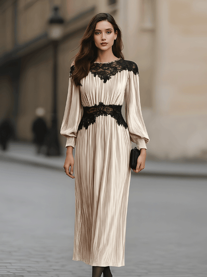 Pleated Velvet Dress With Black Lace Detail