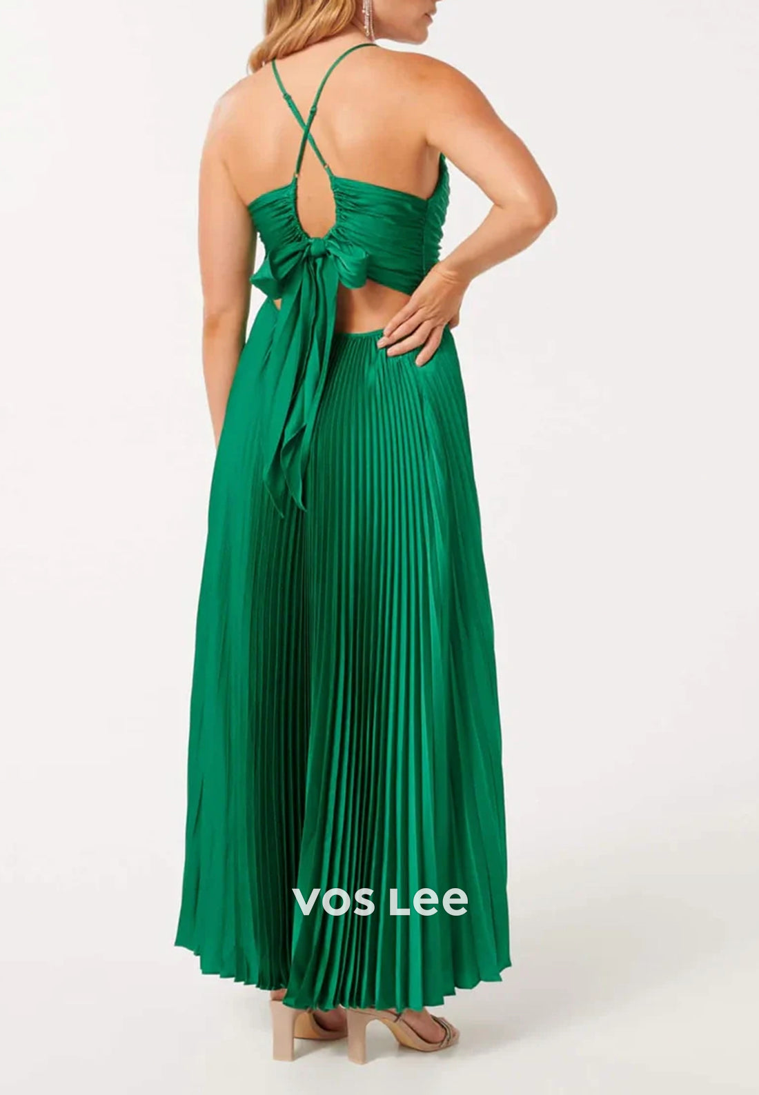 Gorgeous & Charming A-Line Spaghetti Straps V Neck Bowknot Pleated Prom Dresses
