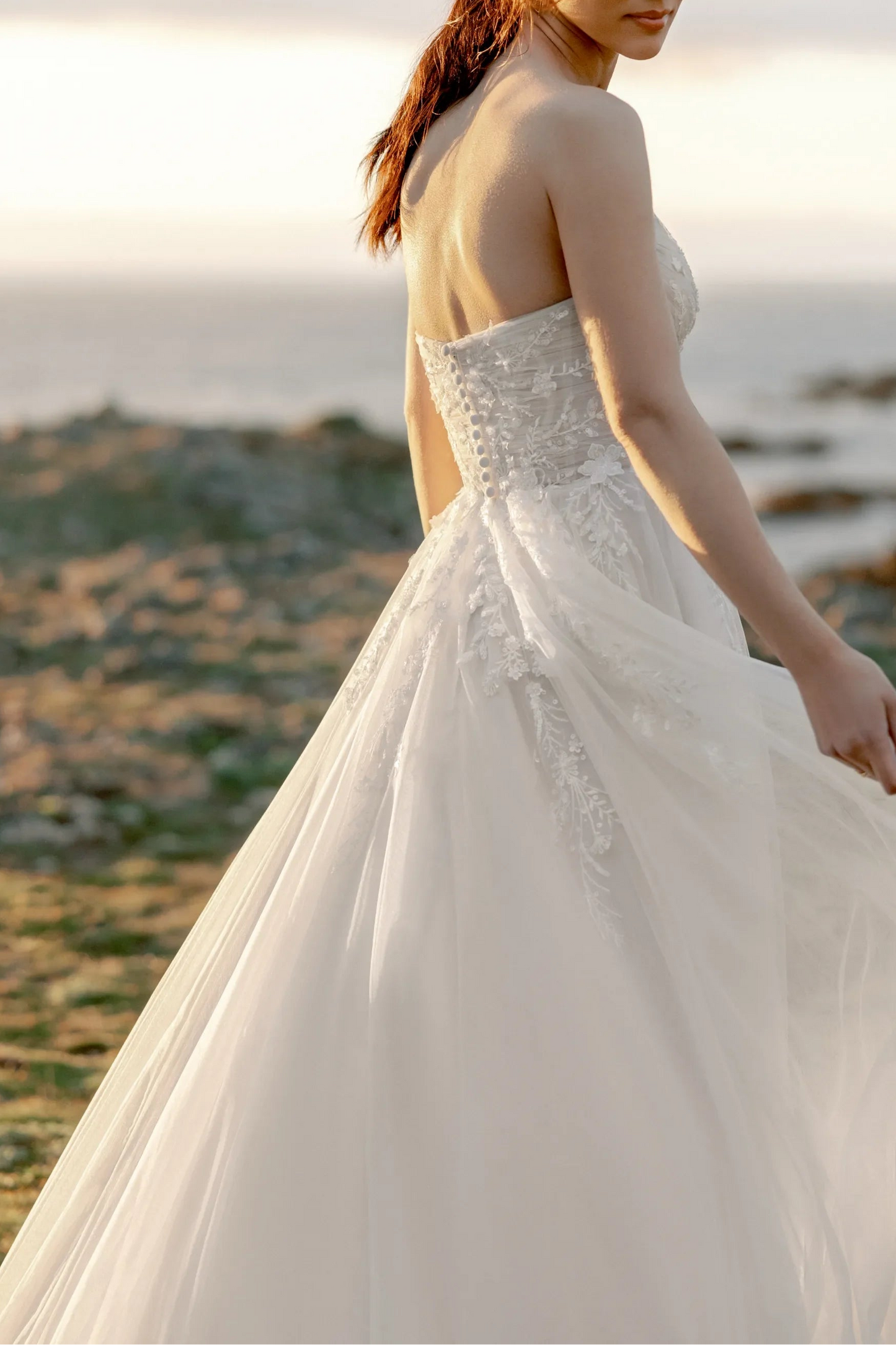 Sweetheart Neckline Beaded Bodice Tulle A-Line Wedding Dress with Chapel Train