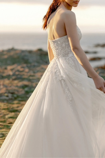 Sweetheart Neckline Beaded Bodice Tulle A-Line Wedding Dress with Chapel Train