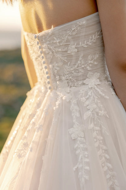 Sweetheart Neckline Beaded Bodice Tulle A-Line Wedding Dress with Chapel Train