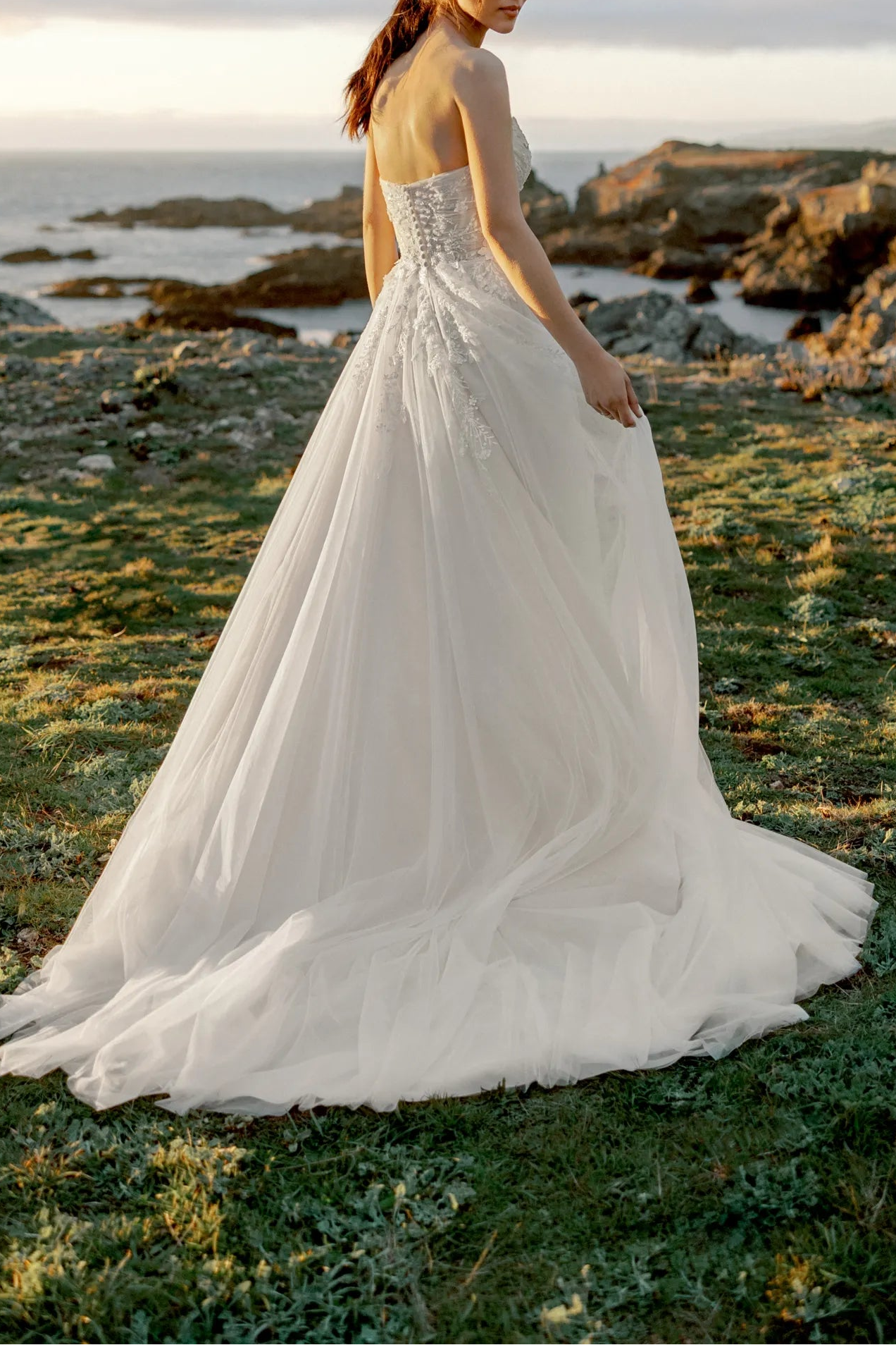 Sweetheart Neckline Beaded Bodice Tulle A-Line Wedding Dress with Chapel Train