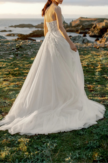 Sweetheart Neckline Beaded Bodice Tulle A-Line Wedding Dress with Chapel Train