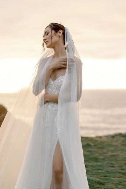 Sweetheart Neckline Beaded Bodice Tulle A-Line Wedding Dress with Chapel Train