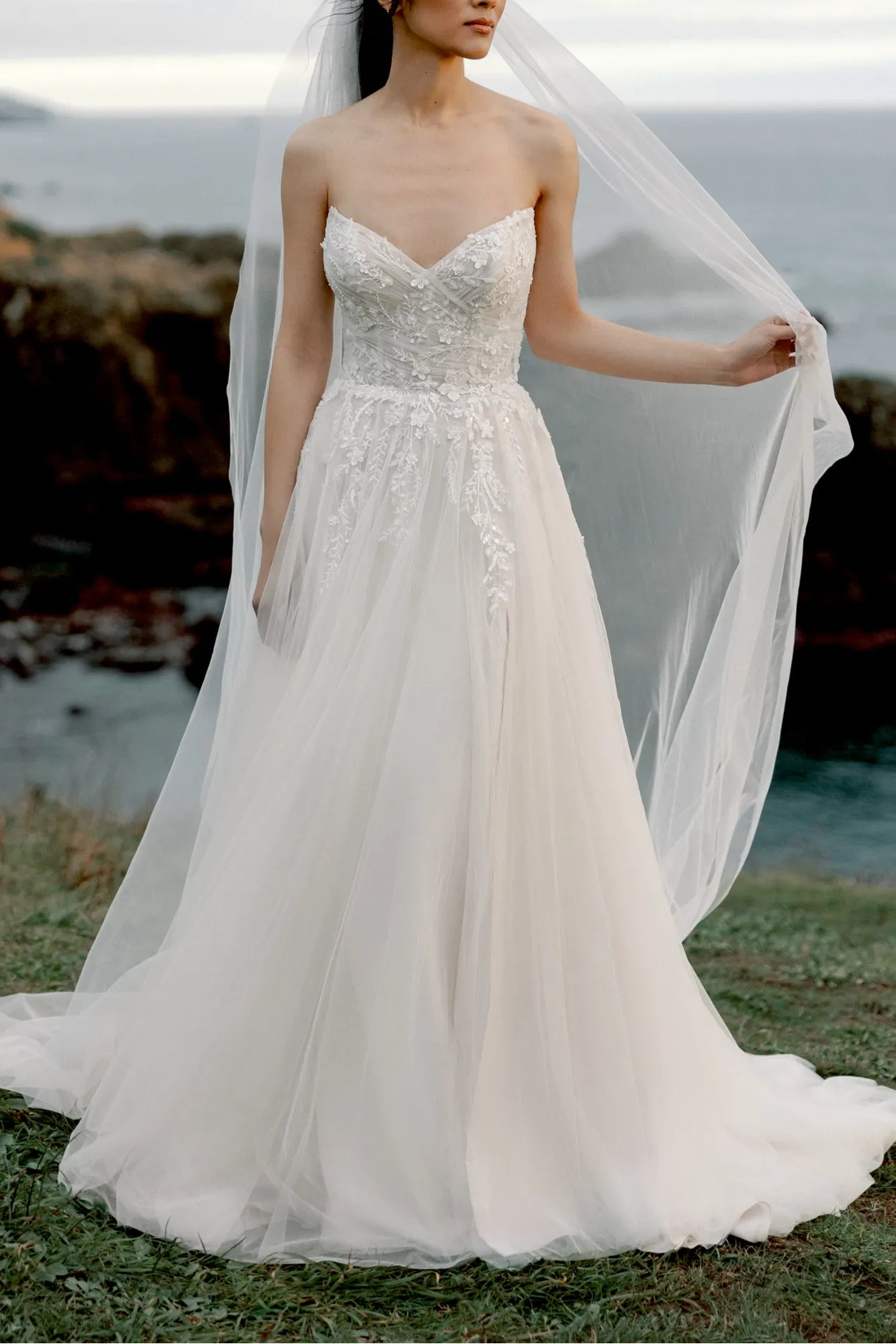 Sweetheart Neckline Beaded Bodice Tulle A-Line Wedding Dress with Chapel Train