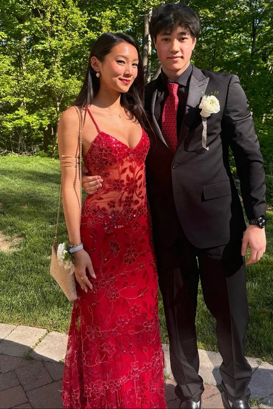 Beaded Red Sheer Straps Fitted Long Party Dress