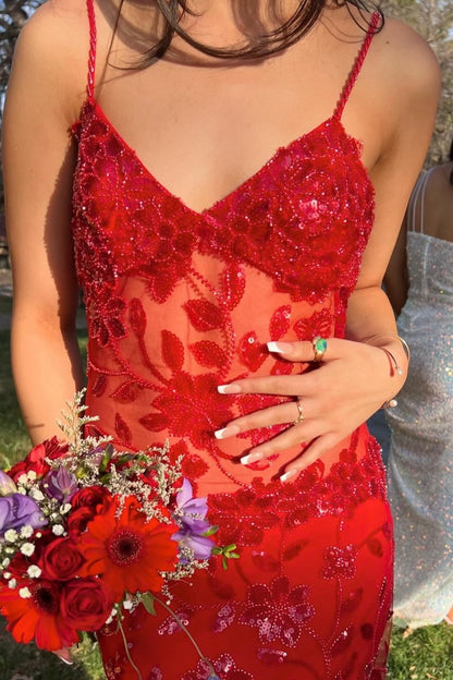 Beaded Red Sheer Straps Fitted Long Party Dress