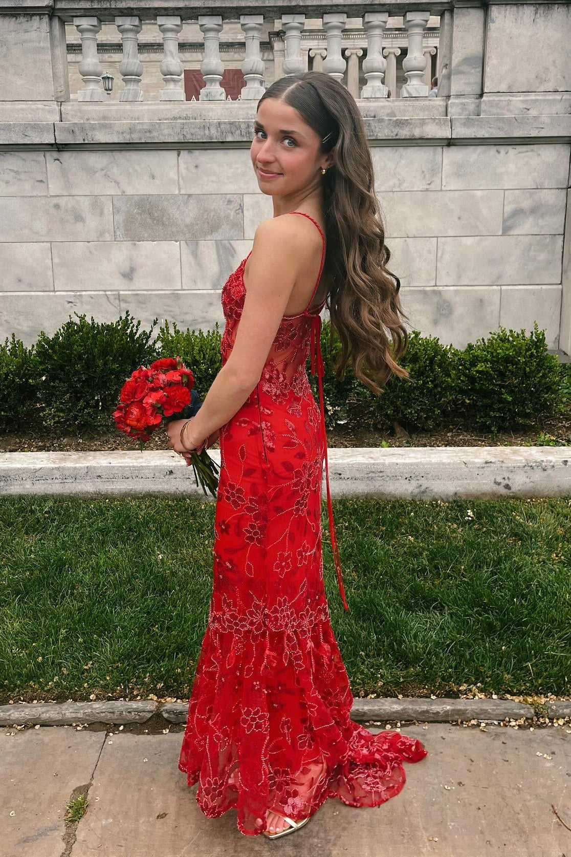 Beaded Red Sheer Straps Fitted Long Party Dress