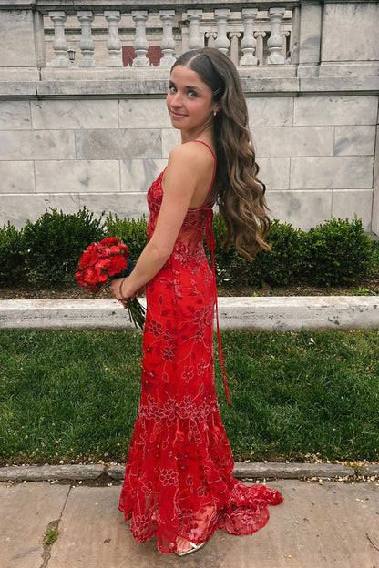 Beaded Red Sheer Straps Fitted Long Party Dress