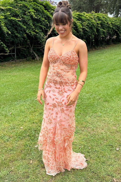 Beaded Red Sheer Straps Fitted Long Party Dress