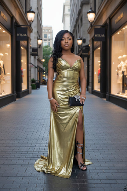 Simple Gold Sweetheart Ruffles Side Slit prom  Dress