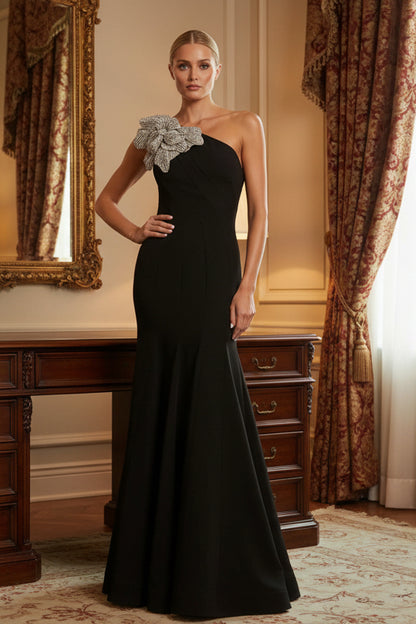 Elegant Black One-Shoulder Mermaid Evening Gown with 3D Floral Appliqué, Formal Wedding Guest Dress