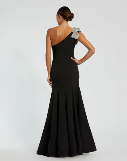 Elegant Black One-Shoulder Mermaid Evening Gown with 3D Floral Appliqué, Formal Wedding Guest Dress