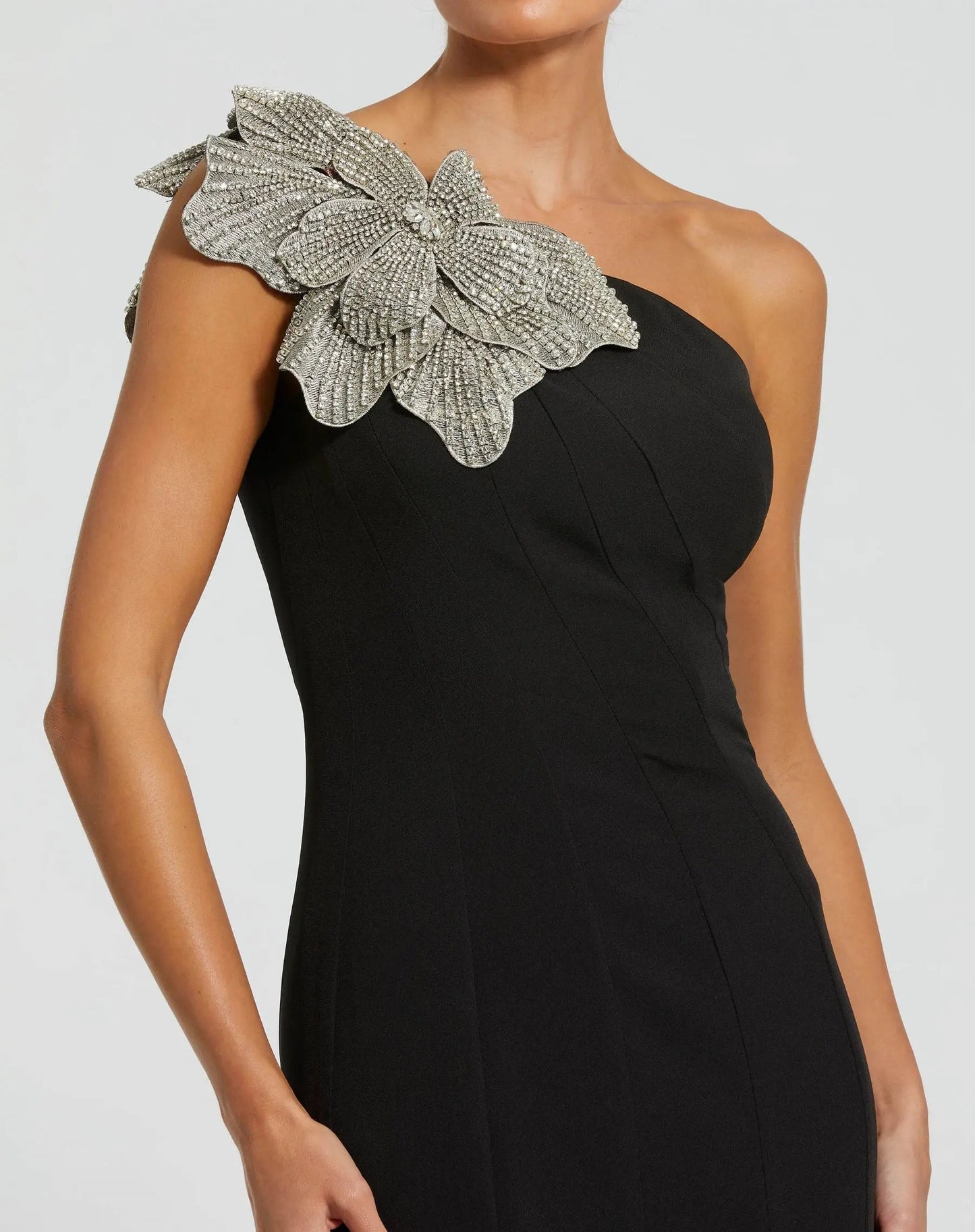 Elegant Black One-Shoulder Mermaid Evening Gown with 3D Floral Appliqué, Formal Wedding Guest Dress