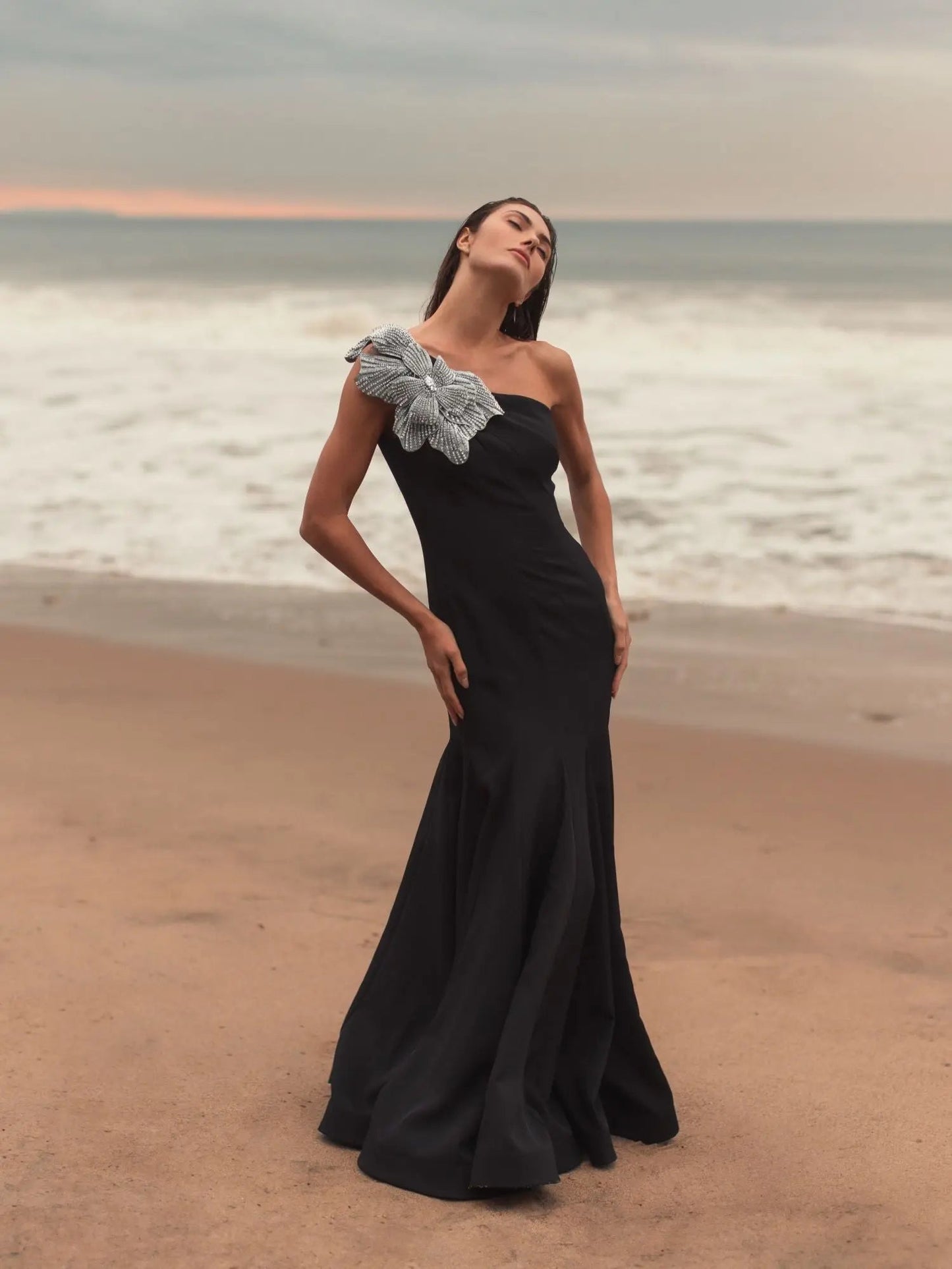 Elegant Black One-Shoulder Mermaid Evening Gown with 3D Floral Appliqué, Formal Wedding Guest Dress