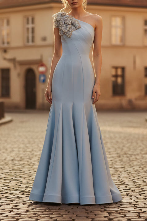 Light Blue One Shoulder Mermaid Evening Gown with 3D Flower
