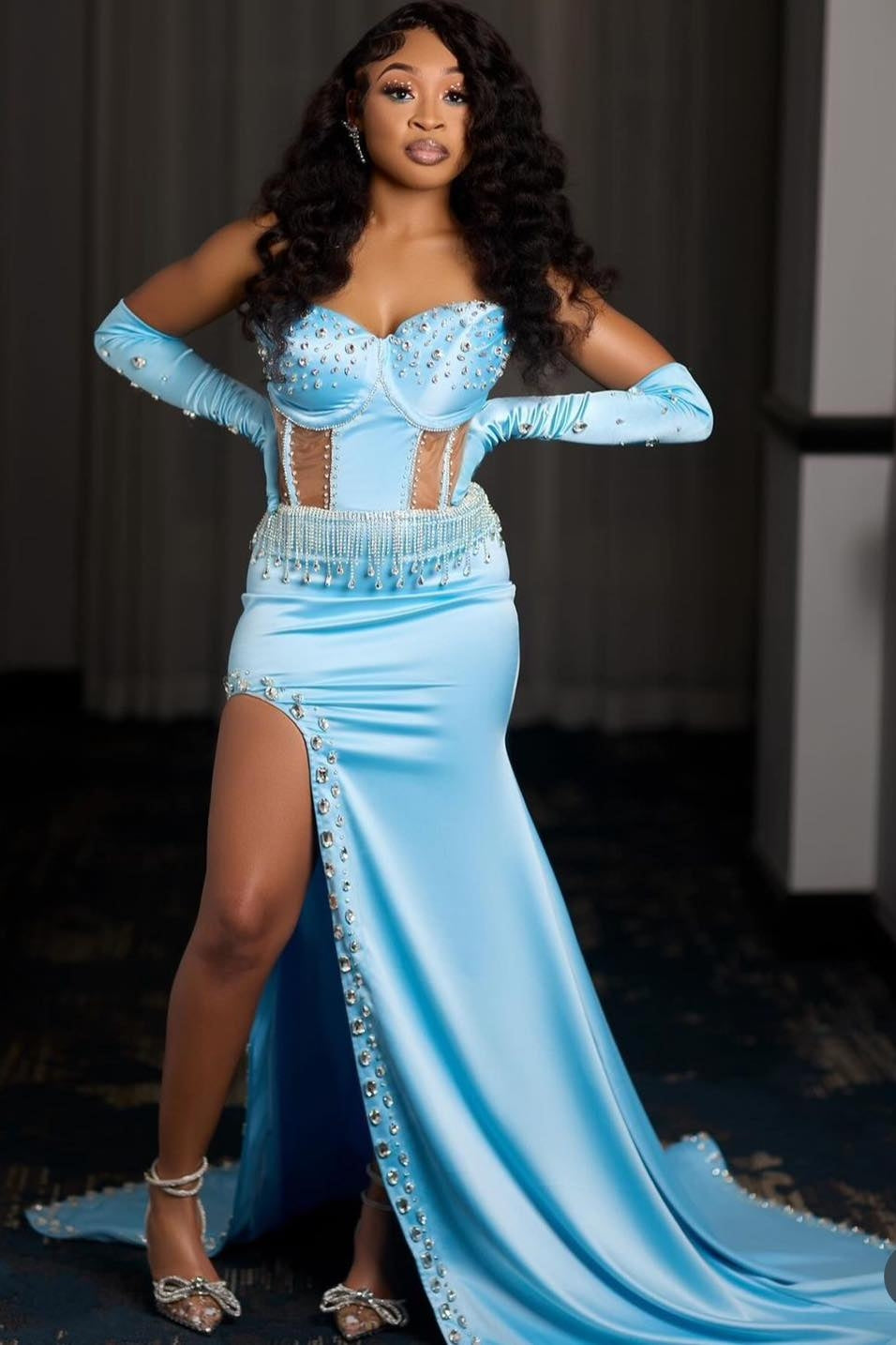 Blue Sweetheart Lace-Up Mermaid Crystal Prom Dress