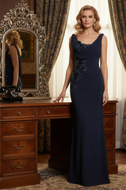Navy Blue Cowl Neck Backless Beaded Maxi Gown