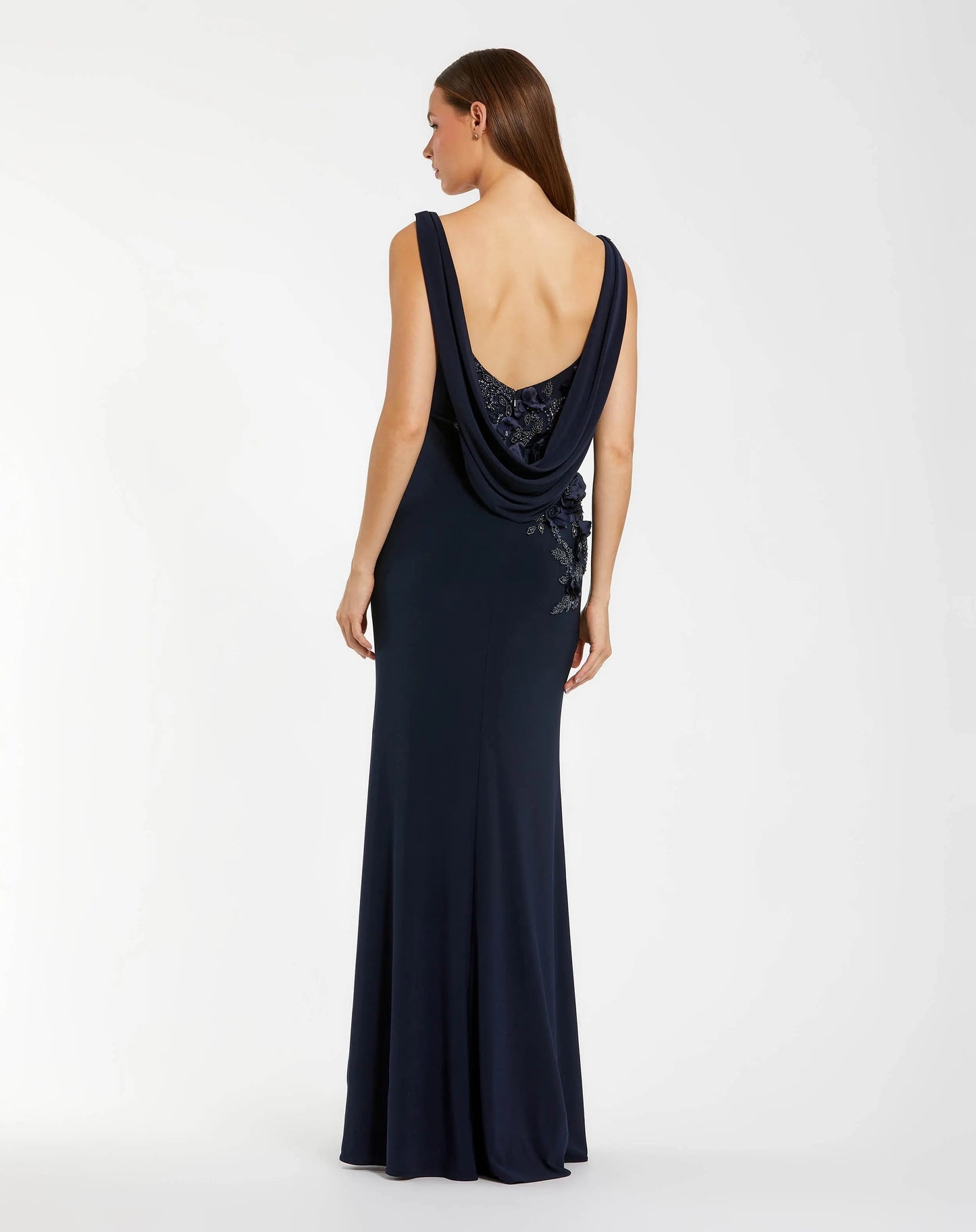 Navy Blue Cowl Neck Backless Beaded Maxi Gown