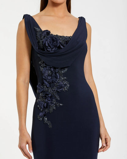 Navy Blue Cowl Neck Backless Beaded Maxi Gown