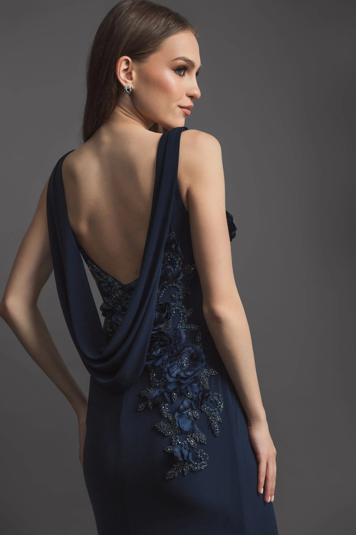 Navy Blue Cowl Neck Backless Beaded Maxi Gown