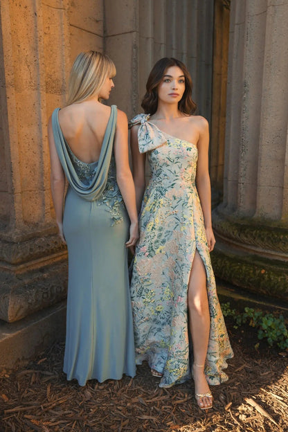 Sage Green Cowl Neck Mermaid Evening Gown with 3D Floral Appliqué