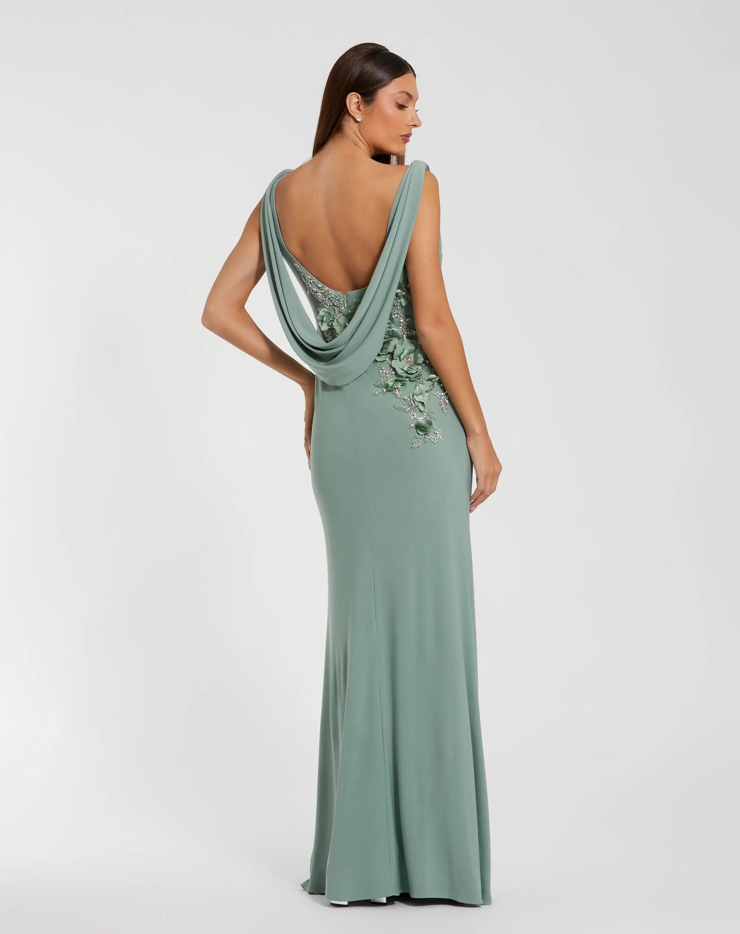 Sage Green Cowl Neck Mermaid Evening Gown with 3D Floral Appliqué