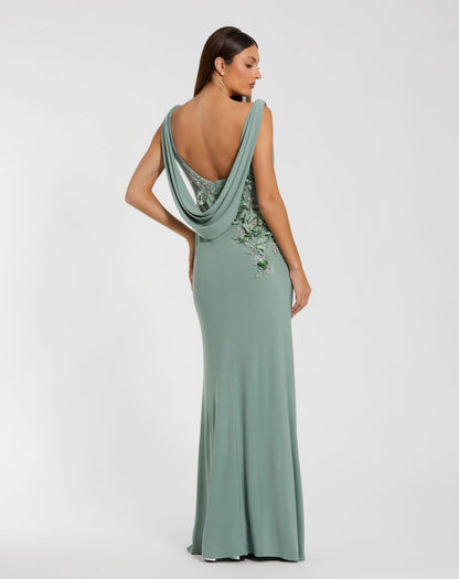 Sage Green Cowl Neck Mermaid Evening Gown with 3D Floral Appliqué