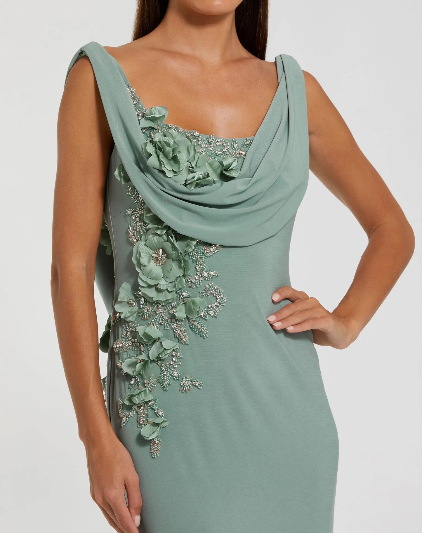 Sage Green Cowl Neck Mermaid Evening Gown with 3D Floral Appliqué
