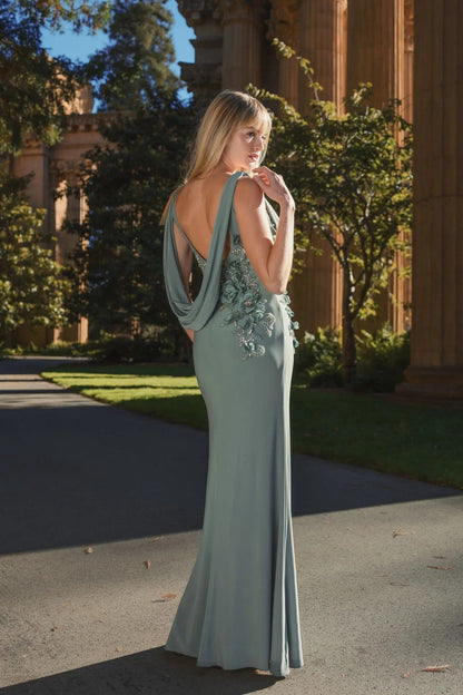 Sage Green Cowl Neck Mermaid Evening Gown with 3D Floral Appliqué